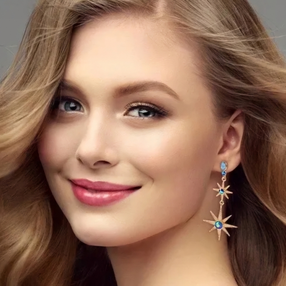 Moon and Star Drop Earrings Blue Rhinestones Gold Tone - Picture 3 of 11